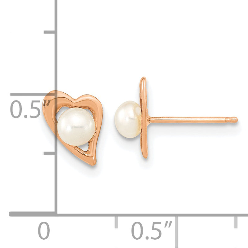 14K Rose Gold 3-4mm Button White FWC Pearl Heart Earrings