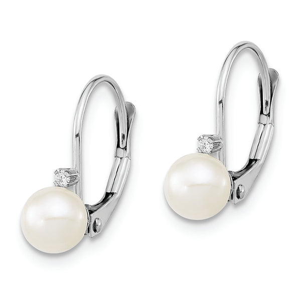 14K White Gold 5-6mm Round White FWC Pearl .02ct. Dia. Earrings