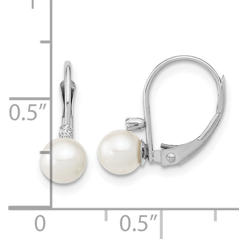 14K White Gold 5-6mm Round White FWC Pearl .02ct. Dia. Earrings