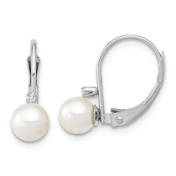 14K White Gold 5-6mm Round White FWC Pearl .02ct. Dia. Earrings