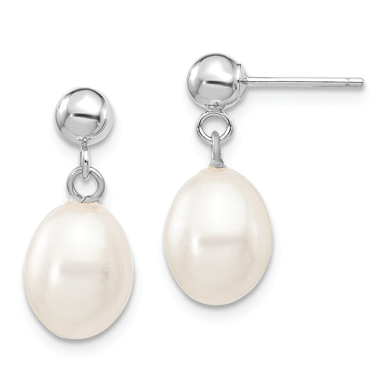 14kw 7-8mm White Rice Freshwater Cultured Pearl Dangle Post Earrings