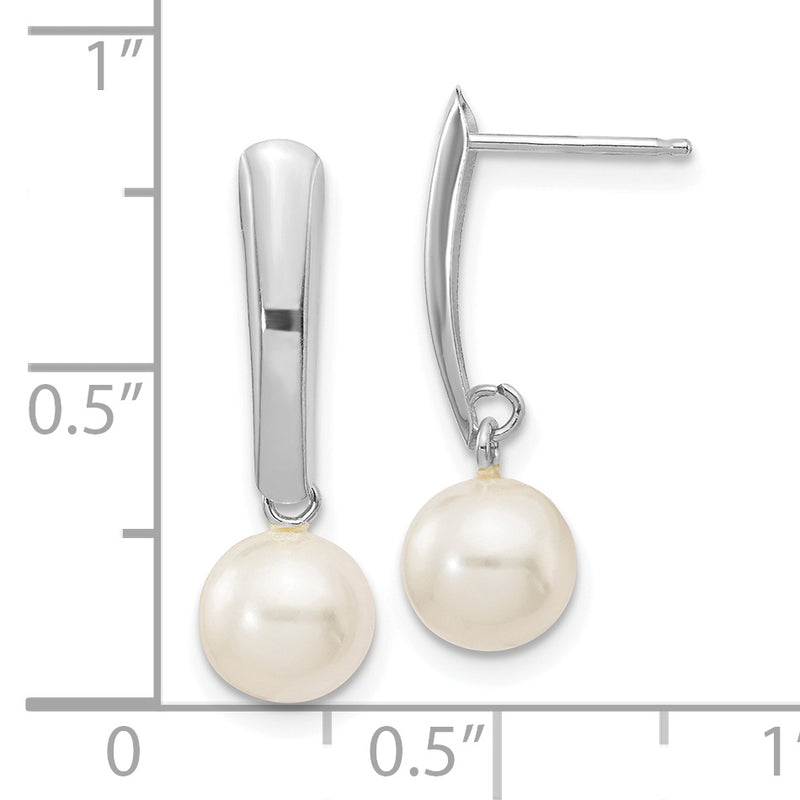 14K White Gold 6-7mm Round White FWC Pearl Dangle Earrings