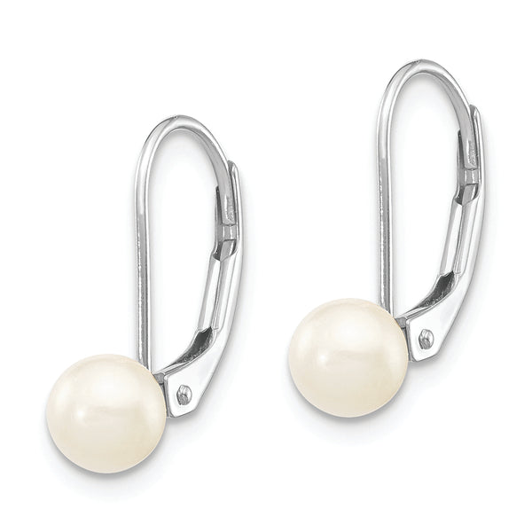 14K White Gold 5-6mm Round White Saltwater Akoya Pearl Leverback Earrings