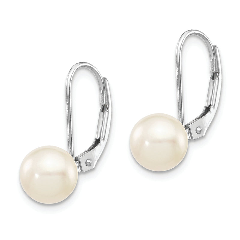 14K White Gold 7-8mm Round White Saltwater Akoya Pearl Leverback Earrings