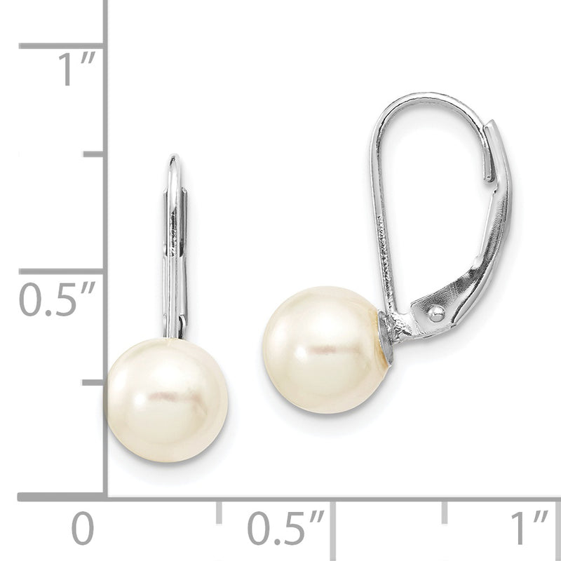 14K White Gold 7-8mm Round White Saltwater Akoya Pearl Leverback Earrings