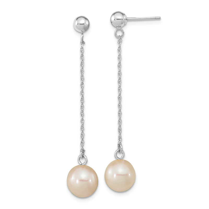 14kw 7-8mm White Round Freshwater Cultured Pearl Dangle Post Earrings