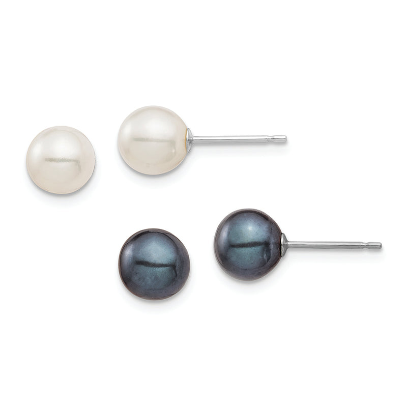 14K White Gold 6-7mm Round White and Black FWC Pearl 2 Earrings Set