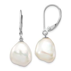 14K White Gold 13x15mm Keshi White FWC Pearl Dangle Earrings