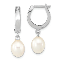 14K White Gold 6-7mm Teardrop White FWC Pearl Hoop Dangle Earrings