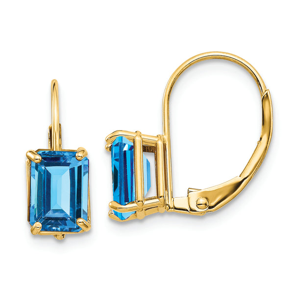 14k 7x5mm Emerald Cut Blue Topaz Leverback Earrings