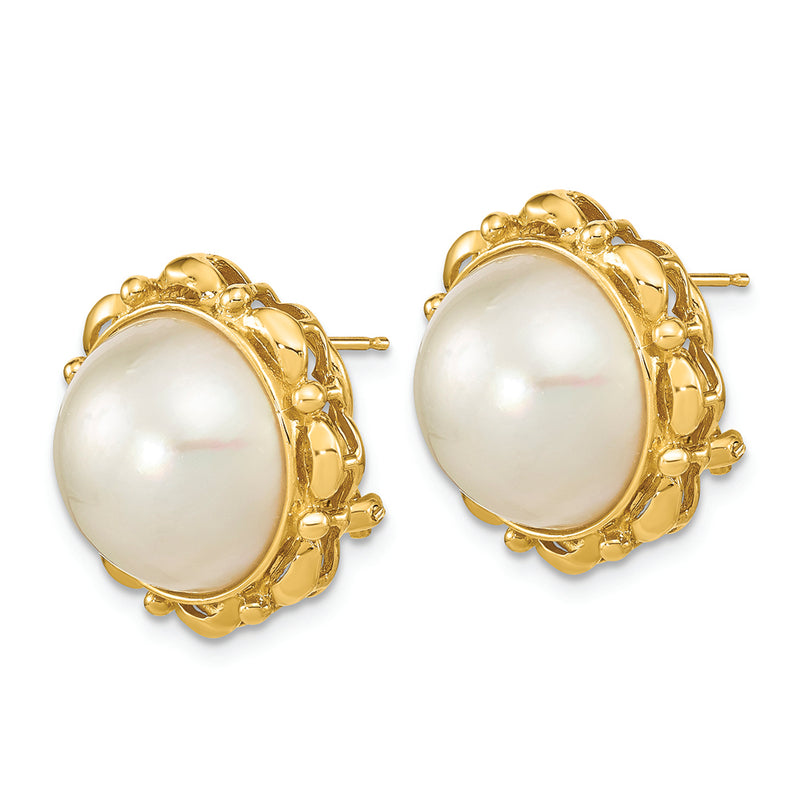 14K 13-14mm White Saltwater Mabe Pearl Omega Back Earrings