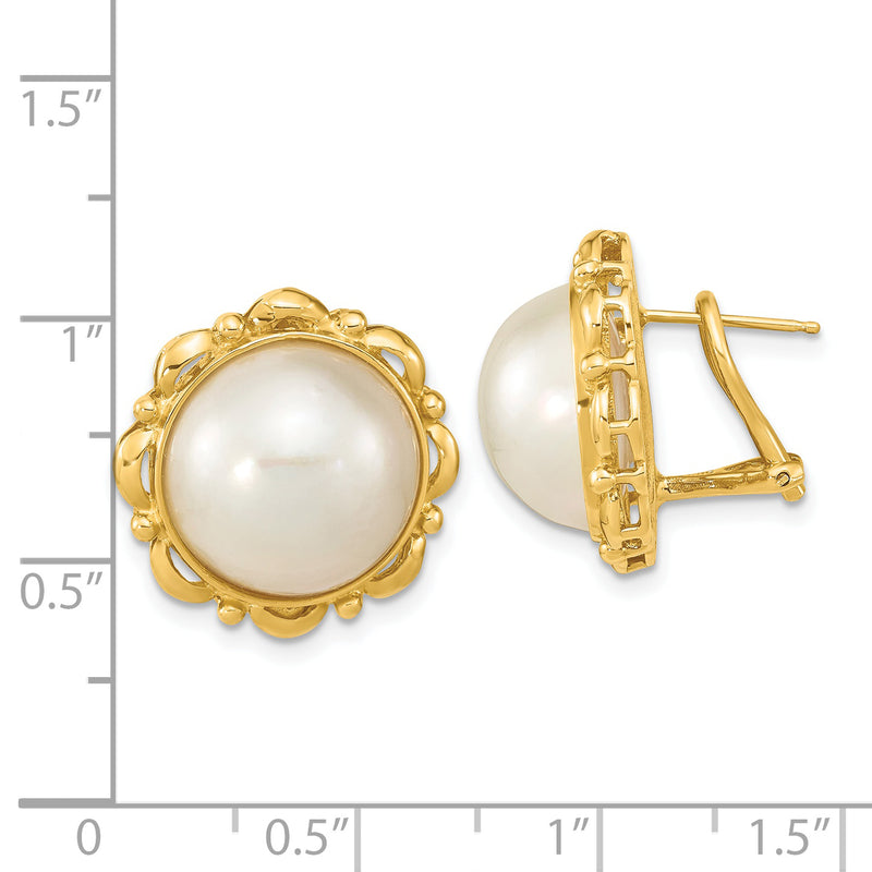 14K 13-14mm White Saltwater Mabe Pearl Omega Back Earrings