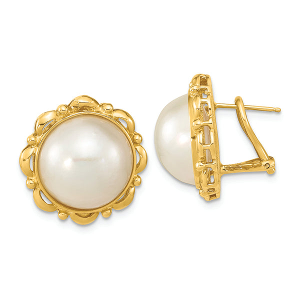 14K 13-14mm White Saltwater Mabe Pearl Omega Back Earrings