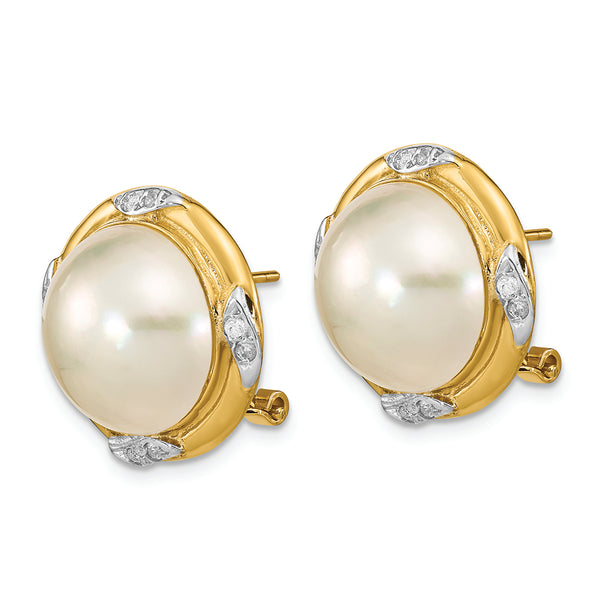 14K 13-14mm White Saltwater Mabe Pearl .16ct Dia. Omega Back Earrings