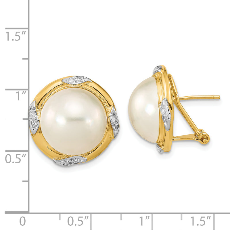 14K 13-14mm White Saltwater Mabe Pearl .16ct Dia. Omega Back Earrings