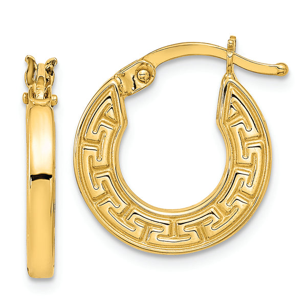 14K Polished Hollow Greek Key Hoop Earrings