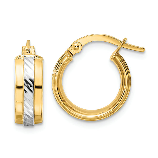 14k w/ White Rhodium Diamond-cut Hoop Earrings