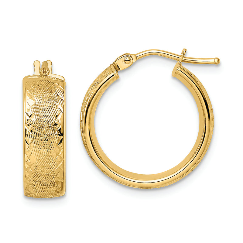 14k Polished Textured Diamond-cut Hoop Earrings