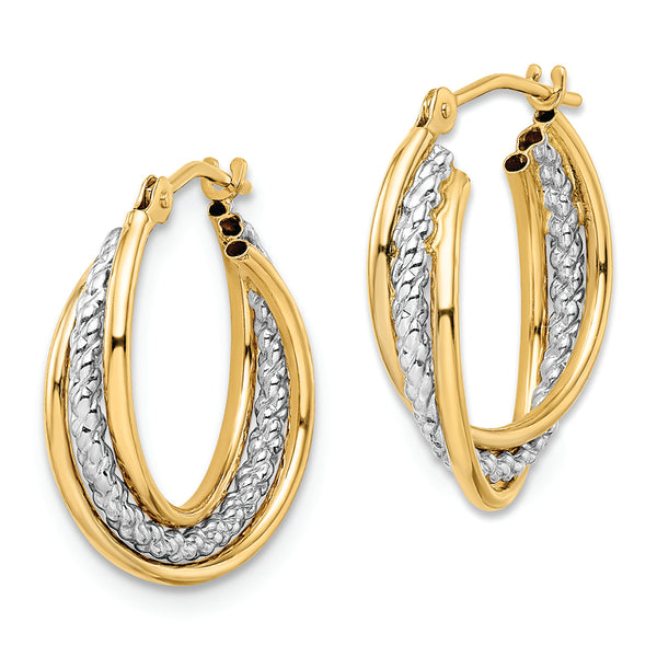 14k w/ White Rhodium Polished Textured Hoops