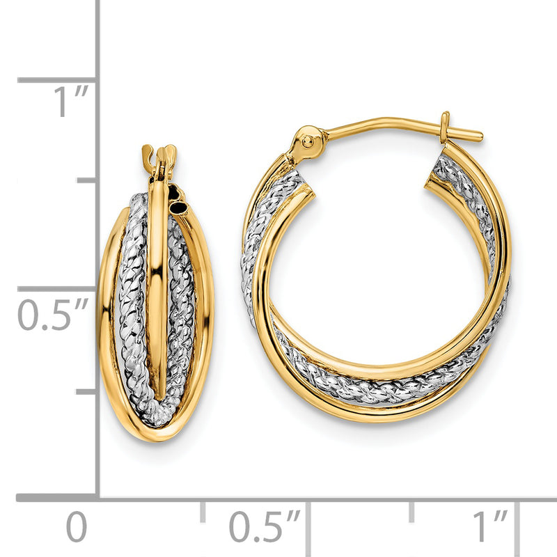 14k w/ White Rhodium Polished Textured Hoops