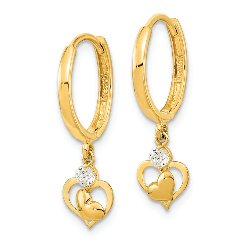 14K Polished CZ Dangle Heart Hoop Earrings