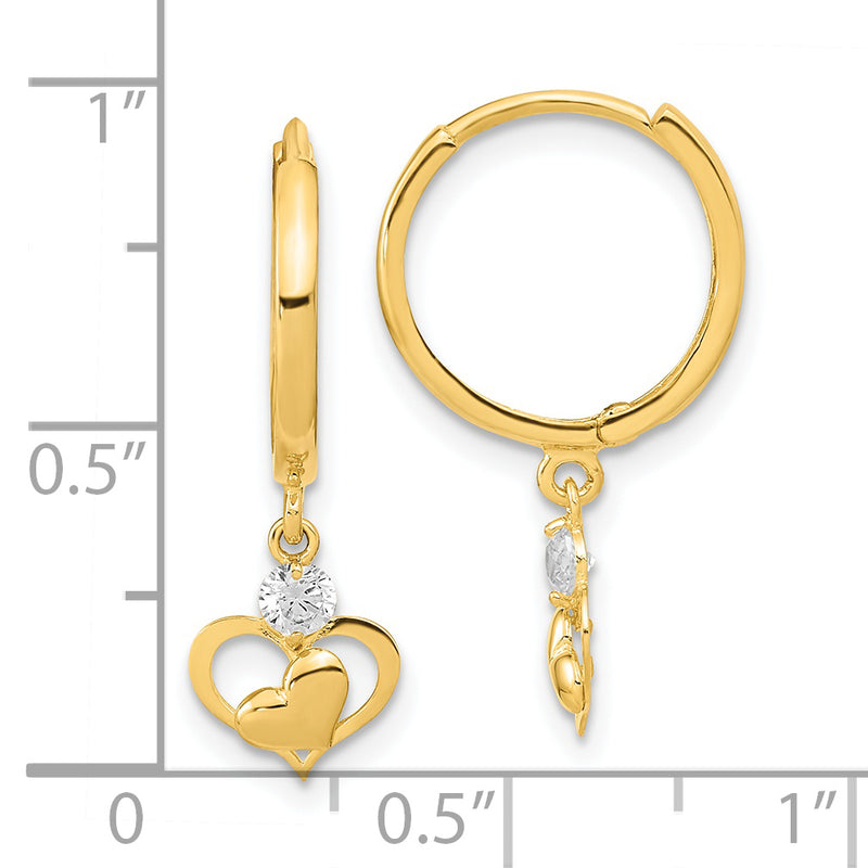 14K Polished CZ Dangle Heart Hoop Earrings