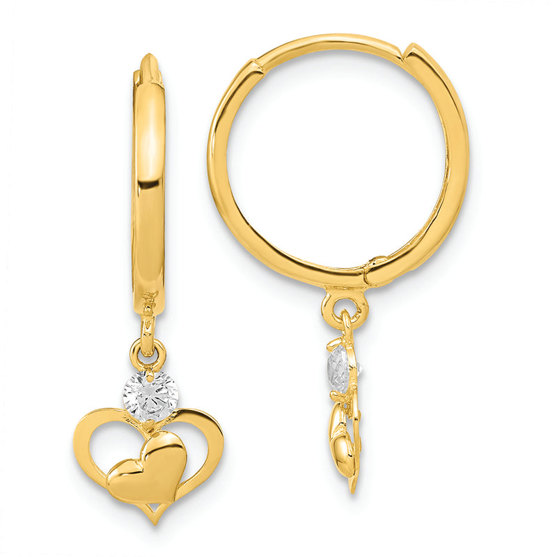 14K Polished CZ Dangle Heart Hoop Earrings