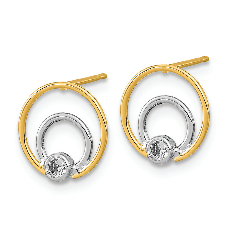 14K Polished White Rhodium CZ Double Circle Post Earrings