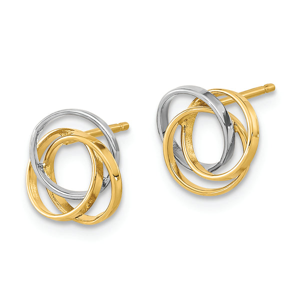 14K Gold and White Rhodium Polished Three Circle Post earrings