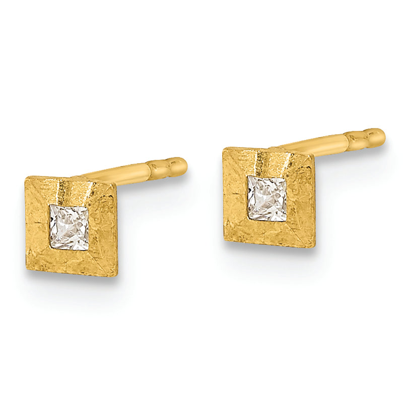 14K Polished Square with CZ Post Earrings