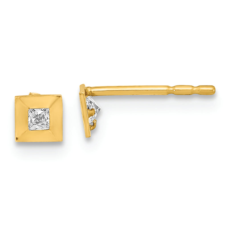 14K Polished Square with CZ Post Earrings