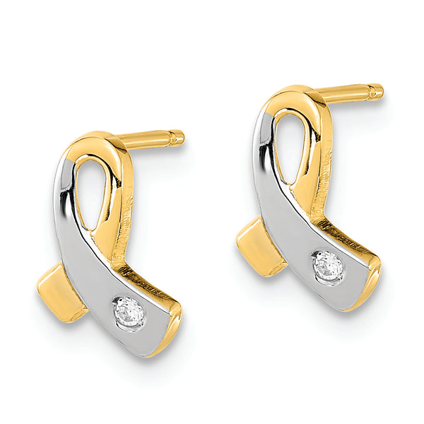 14K Gold White Rhodium CZ Awareness Post Earrings