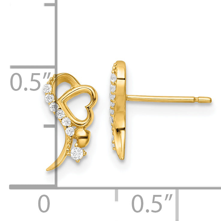 14k Yellow Gold Polished CZ and Heart Post Earrings