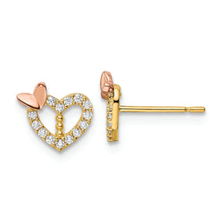 14k Two-tone CZ Heart w/Butterfly Post Earrings