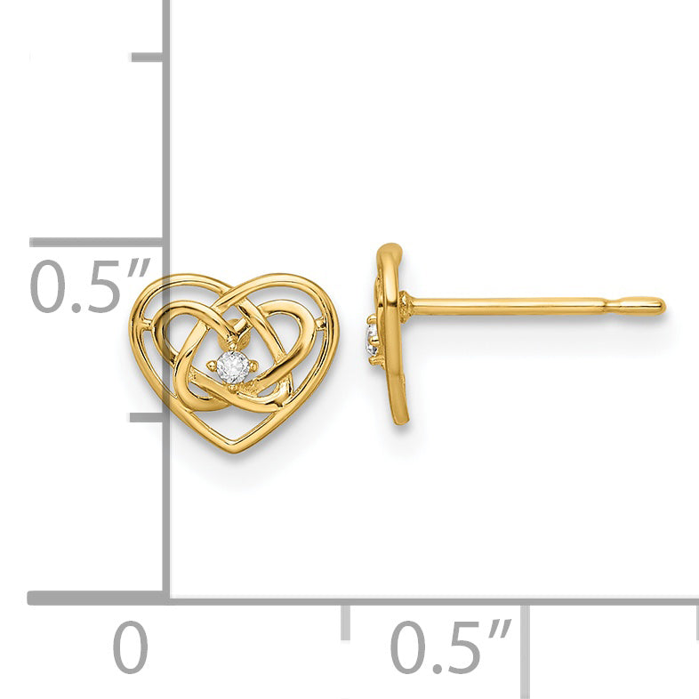 14k CZ Trinity Heart Post Earrings