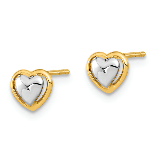 14KY w/White Rhodium Heart Post Earrings