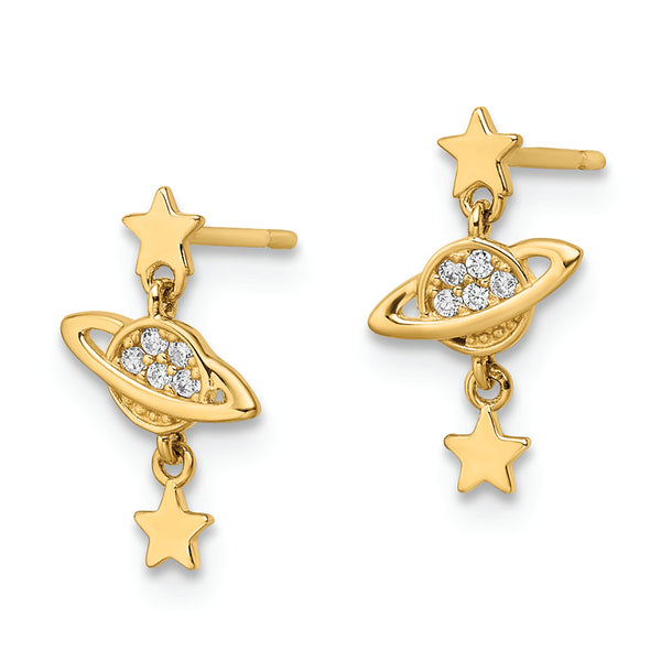 14k CZ Saturn & Stars Dangle Post Earrings