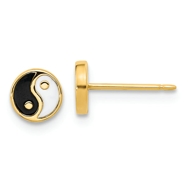 14K Gold Black/White Enamel Yin and Yang Post Earrings