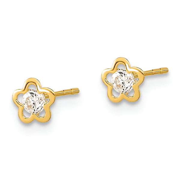 14K Polished Flower with CZ Post Earrings