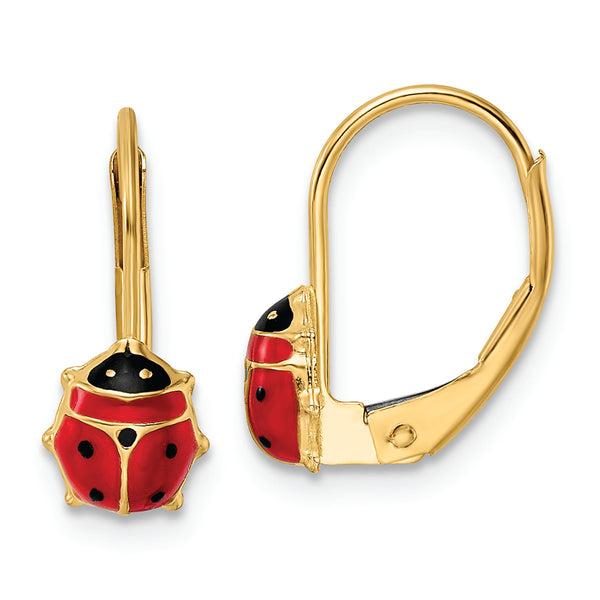 14k Polished Enameled Ladybug Leverback Earrings