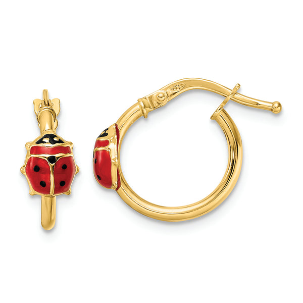 14k Polished Enameled Ladybug Post Hoop Earrings