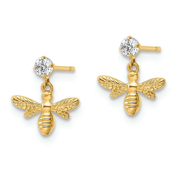 14K Polished CZ Dangle Bumblebee Post Earrings