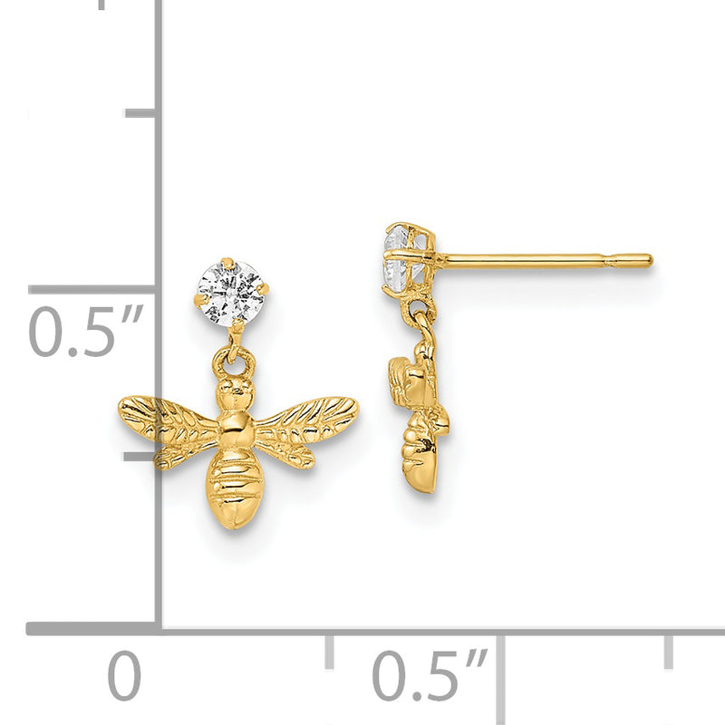 14K Polished CZ Dangle Bumblebee Post Earrings