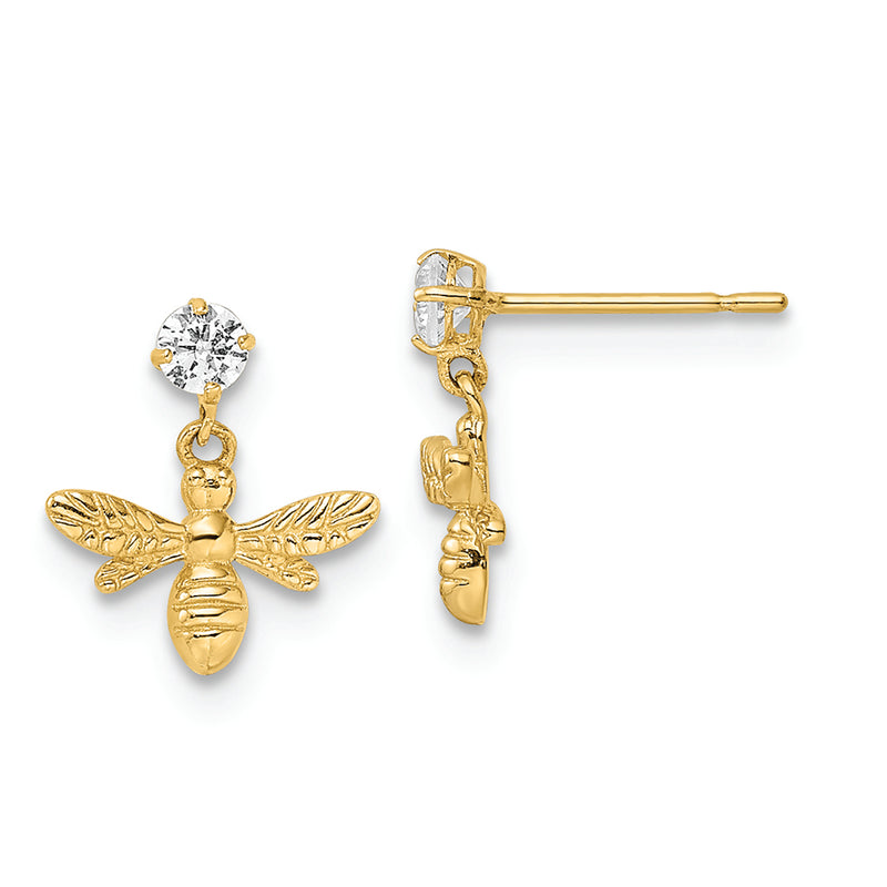 14K Polished CZ Dangle Bumblebee Post Earrings