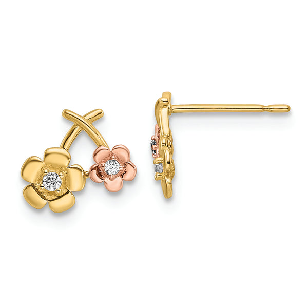 14k Two-tone CZ Flowers Post Earrings