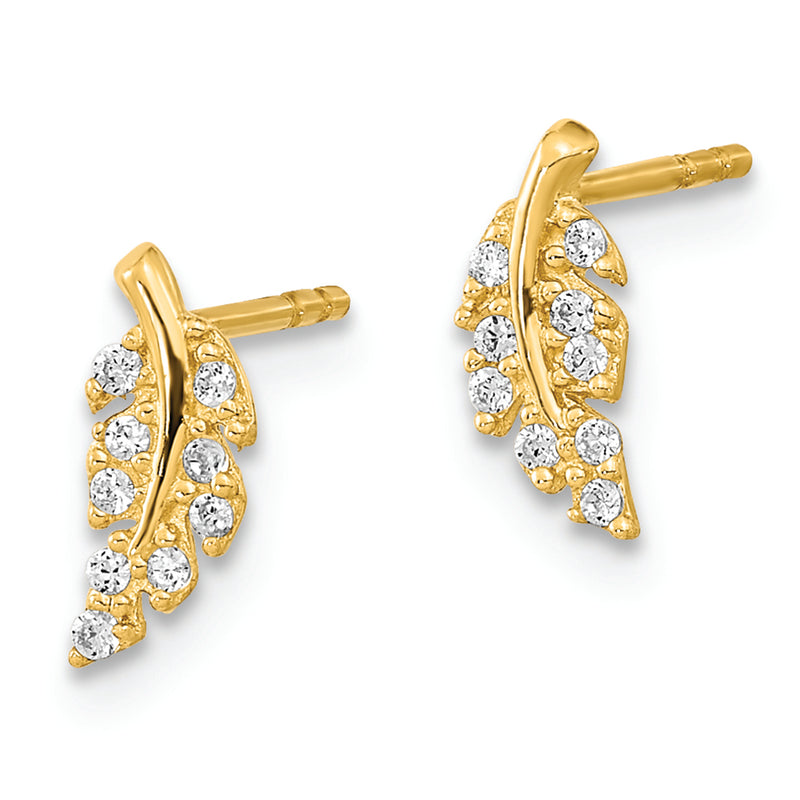 14K Polished Leaf CZ Post Earrings