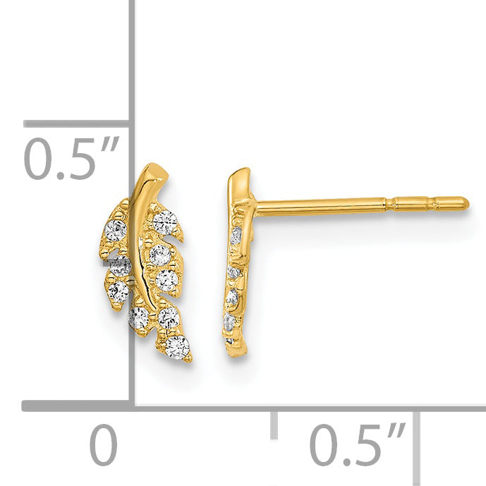 14K Polished Leaf CZ Post Earrings