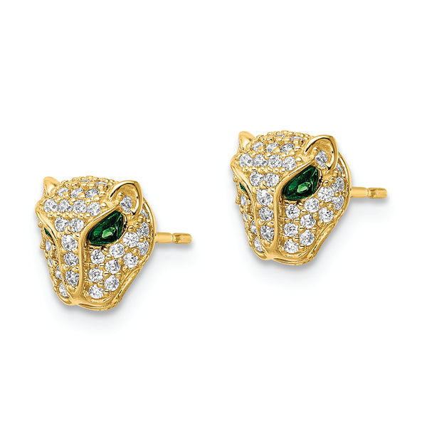 14K Polished Green & White CZ Lioness Head Post Earrings