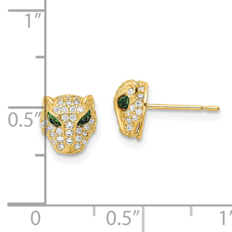 14K Polished Green & White CZ Lioness Head Post Earrings