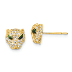 14K Polished Green & White CZ Lioness Head Post Earrings